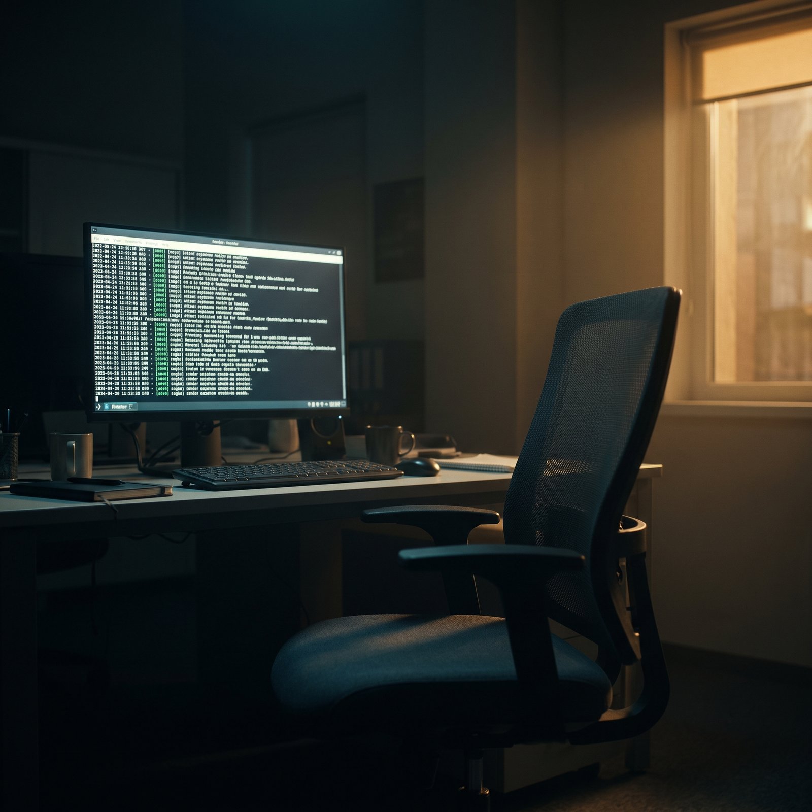 Cadeira vazia diante de um monitor com código executado automaticamente, imagem que representa agentes de IA trabalhando sem supervisão