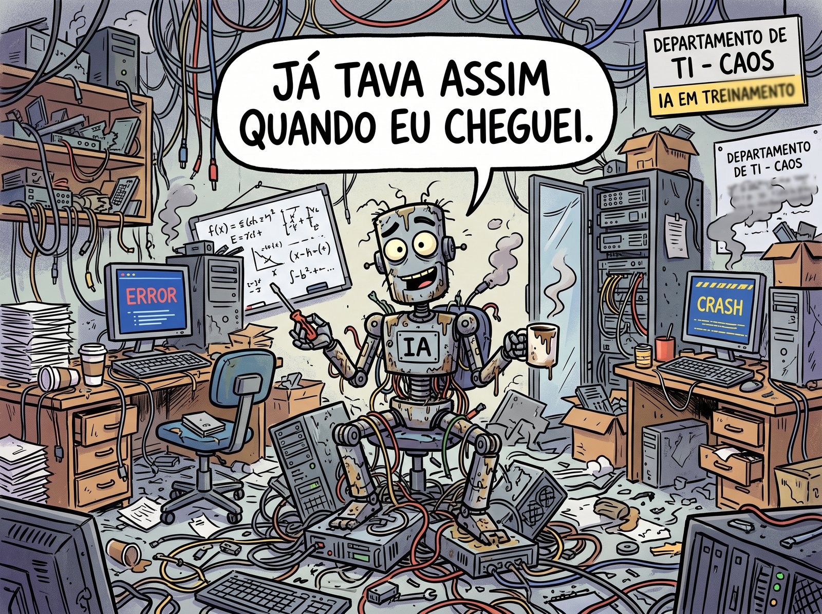 Charge sobre a crise na comunicação: robô com a sigla IA em um departamento de TI caótico diz que já estava assim quando chegou