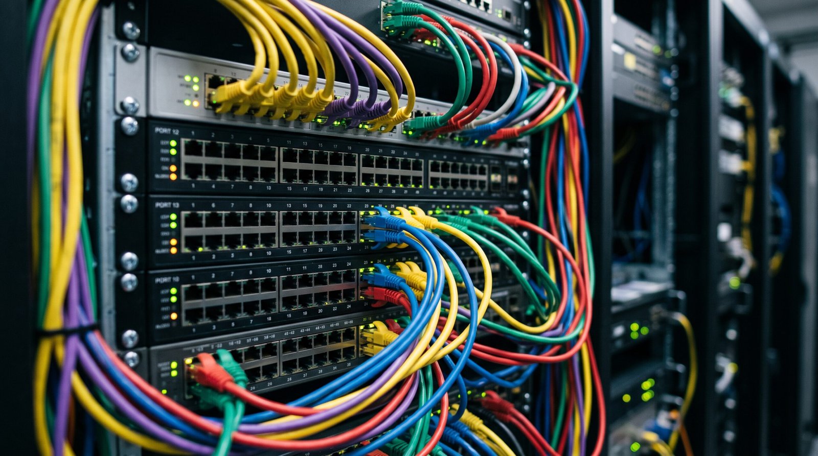 Rack de equipamentos de telecomunicações com cabos de rede de várias cores conectados às portas.