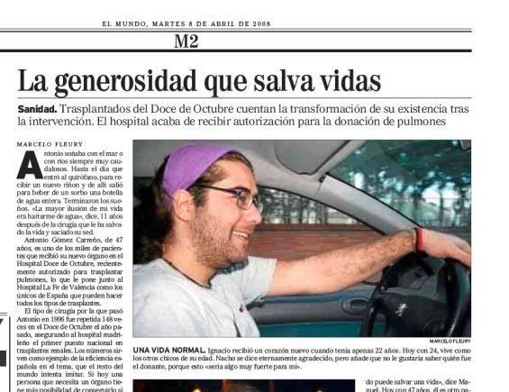 Reportagem La generosidad que salva vidas, publicada no El Mundo em 8 de abril de 2008