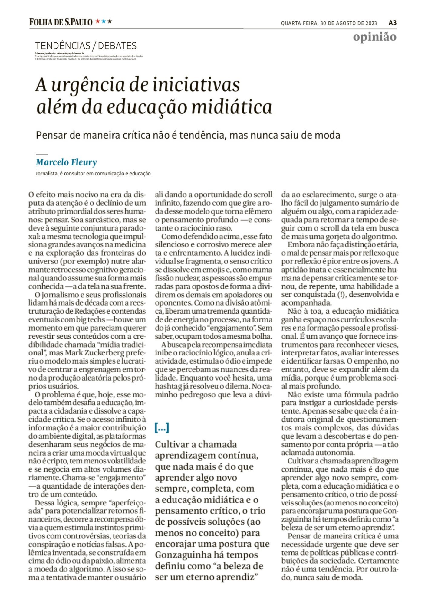 Artigo publicado na Folha de S.Paulo em 30 de agosto de 2023