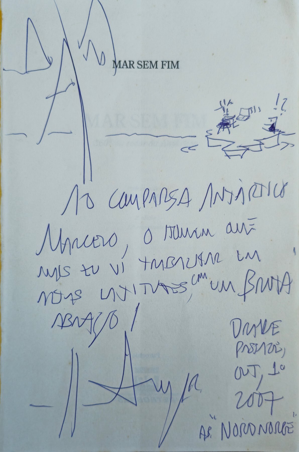 Dedicatória manuscrita de Amyr Klink no livro Mar Sem Fim