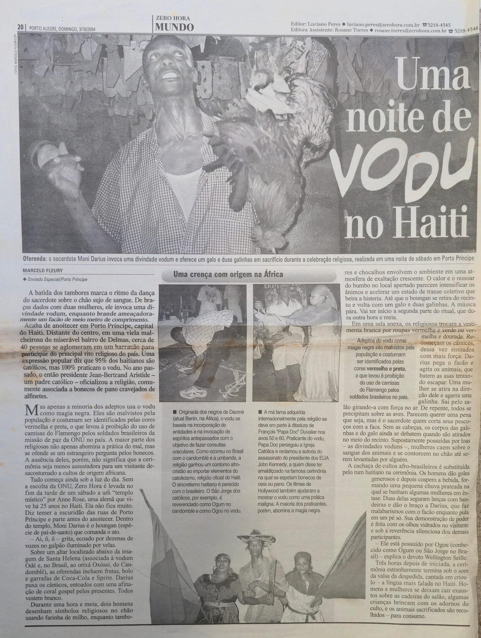 Página de Zero Hora de 3 de outubro de 2004 com a reportagem Uma noite de vodu no Haiti