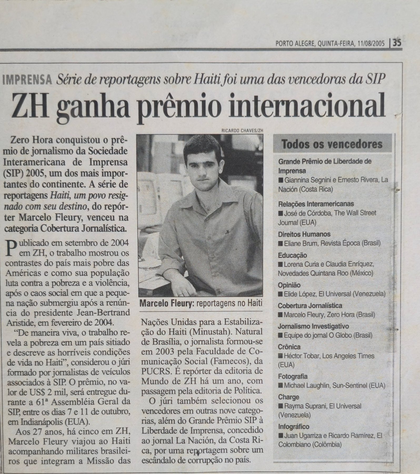 Recorte de Zero Hora de 11 de agosto de 2005 noticiando o prêmio da Sociedade Interamericana de Imprensa