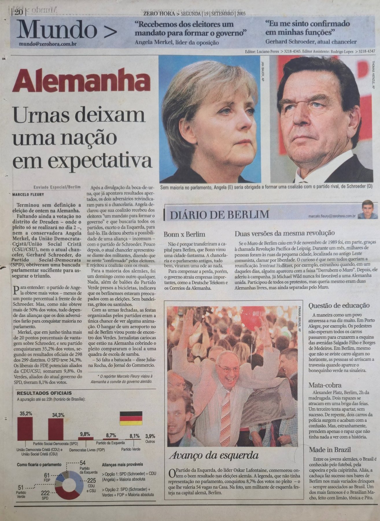Página de Zero Hora de 19 de setembro de 2005 sobre a eleição alemã