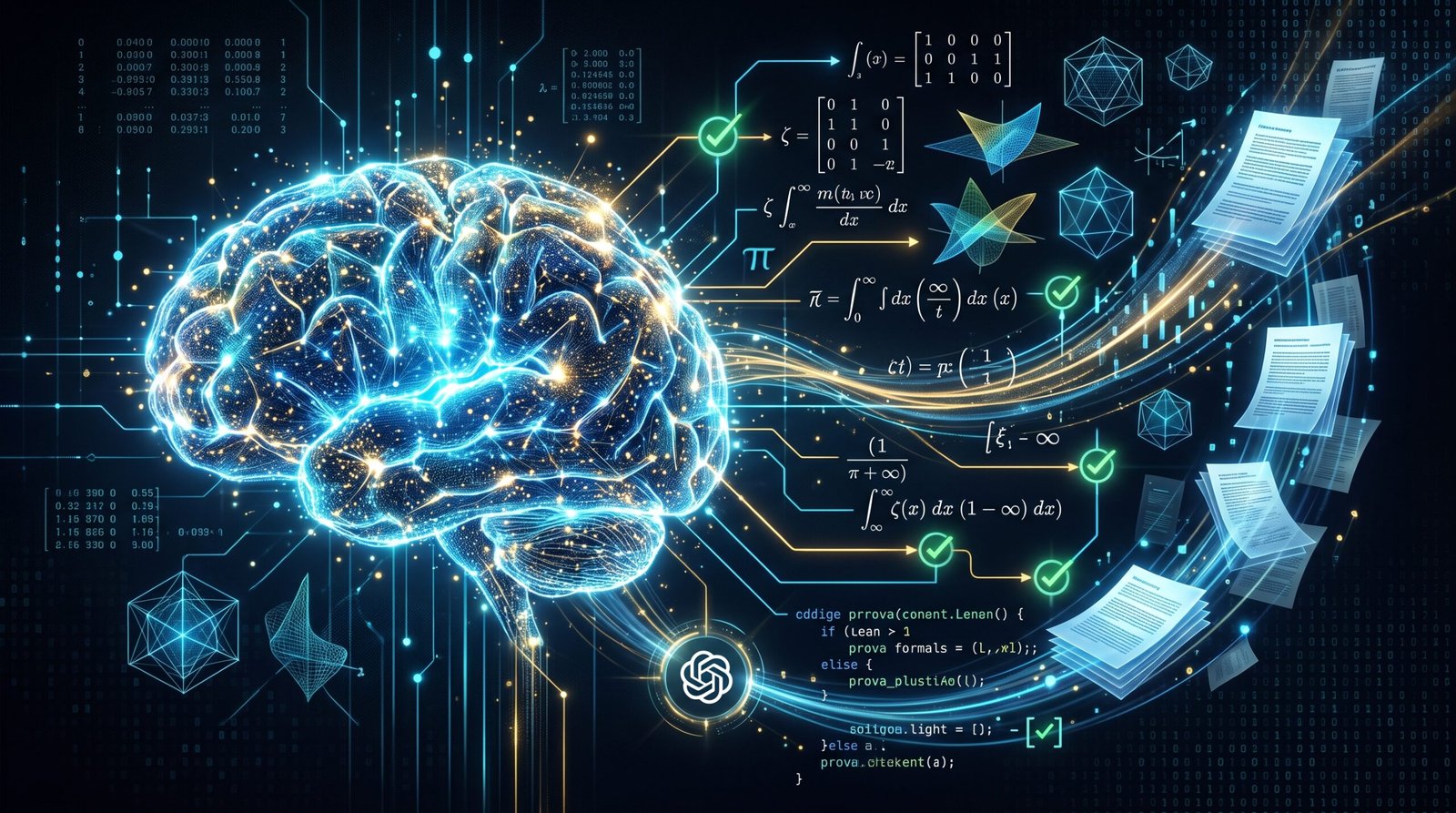 Ilustração digital de um cérebro luminoso formado por redes neuronais a conectar-se a equações matemáticas complexas, linhas de código e manuscritos científicos. Representa a Inteligência Artificial da OpenAI a resolver problemas matemáticos avançados.